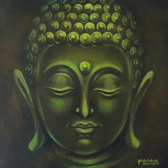 Buddha In Green Shade (ART_3512_68879) - Handpainted Art Painting - 12in X 12in