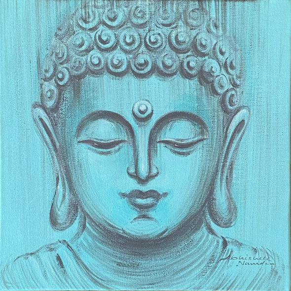 Buddha in aqua shade (ART_3512_67146) - Handpainted Art Painting - 12in X 12in