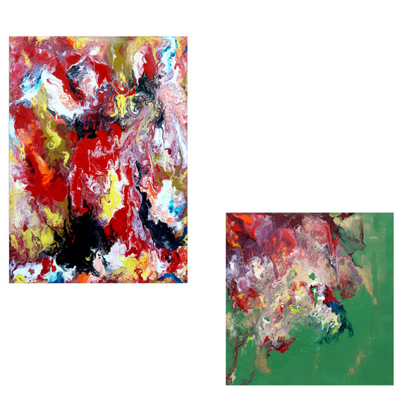 Abstract Fluid Art Infinitely Red And In The Greens Combo Of 2 Paintings (ART_8034_62000) - Handpainted Art Painting - 24in X 16in
