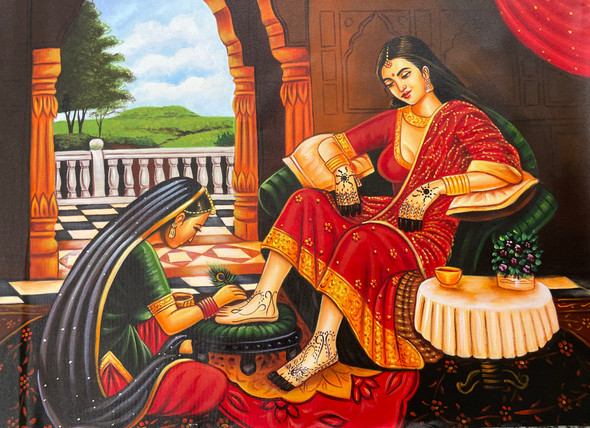 RAJASTHANI LADIES MEHNDI PAINTING (ART_3319_69063) - Handpainted Art Painting - 36in X 24in