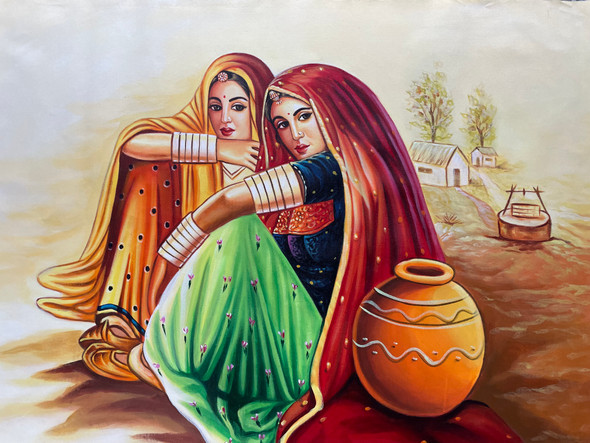 RAJASTHANI LADIES PAINTING (ART_3319_69055) - Handpainted Art Painting - 36in X 24in