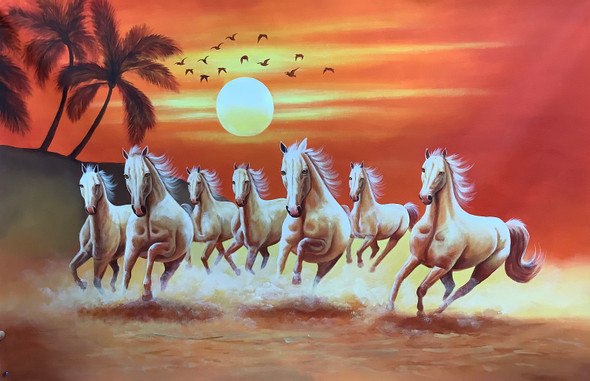 7 RUNNING HORSES PAINTING (ART_3319_69030) - Handpainted Art Painting - 60in X 30in