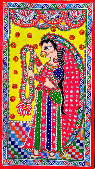 MADHUBANI PAINTING MAA SITA WITH VARMAAL (ART_7470_69358) - Handpainted Art Painting - 8in X 14in