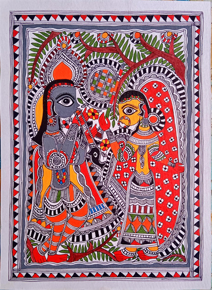 'RADHA KRISHNA' MADHUBANI PAINTING (ART_7470_69328) - Handpainted Art Painting - 11in X 14in