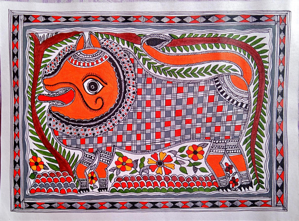 MADHUBANI PAINTING 'SHER LION'  (ART_7470_69325) - Handpainted Art Painting - 14in X 11in