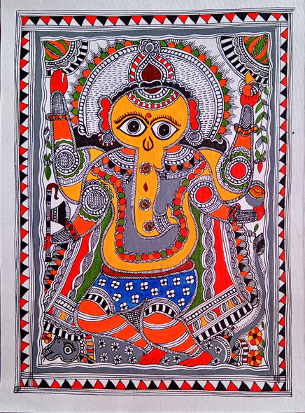 MADHUBANI PAINTING GANESHJI GANPATI  (ART_7470_69314) - Handpainted Art Painting - 11in X 15in