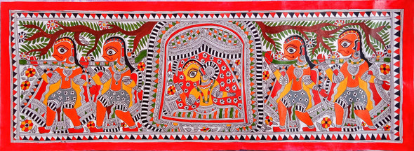 Madhubani Painting DOLI KAHAAR WITH BRIDE (ART_7470_69303) - Handpainted Art Painting - 30in X 11in