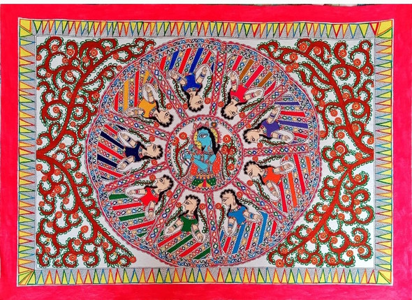 MADHUBANI PAINTING KRISHNA RAAS LEELA (ART_7470_69277) - Handpainted Art Painting - 29in X 21in