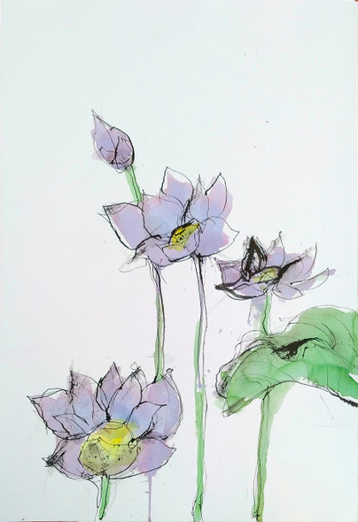 Violet Lotus  (ART_6373_69263) - Handpainted Art Painting - 15in X 22in