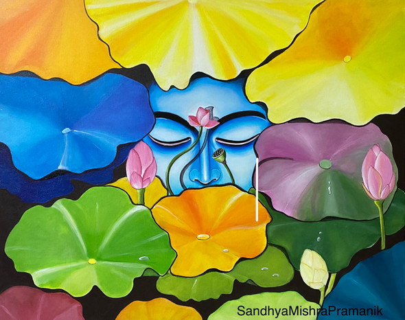 Blue Buddha and the Lotus story (ART_8370_69439) - Handpainted Art Painting - 30in X 24in