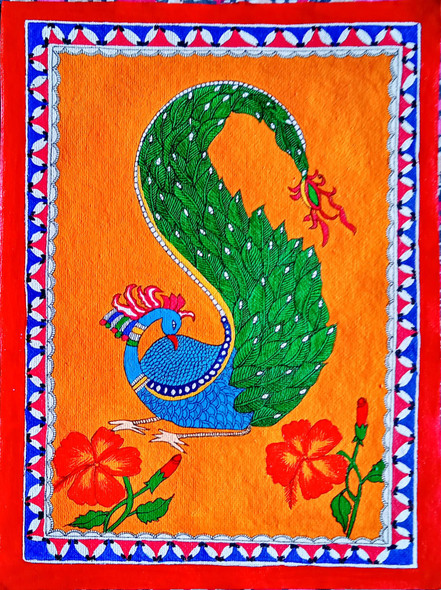MADHUBANI PAINTING PEACOCK WITH FLOWERS (ART_7470_69367) - Handpainted Art Painting - 11in X 14in