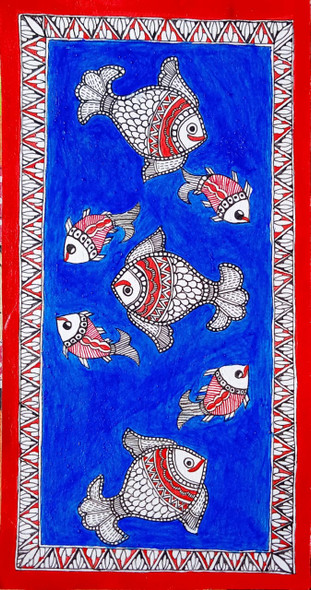 MADHUBANI PAINTING FISHES IN WATER  (ART_7470_69366) - Handpainted Art Painting - 7in X 15in