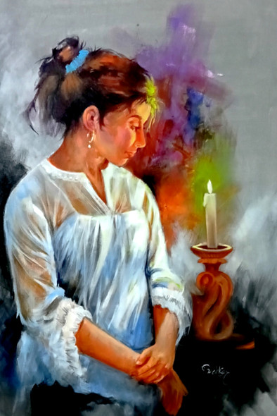 Candle Light Beauty (ART_1038_69486) - Handpainted Art Painting - 20in X 32in