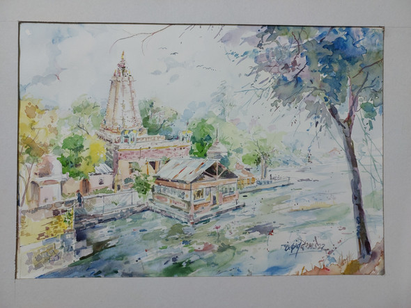 A Temple at lakeshore  (ART_8751_69480) - Handpainted Art Painting - 16in X 11in