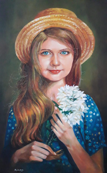 A Girl With Flowers (ART_4209_69465) - Handpainted Art Painting - 20in X 30in