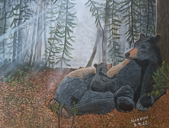 Mother and baby bear  (ART_8657_69462) - Handpainted Art Painting - 24in X 18in