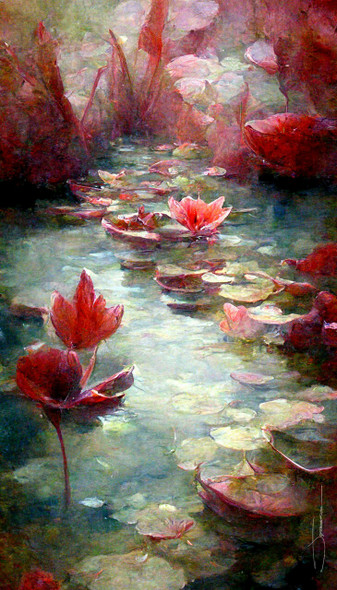 Eternal Peace Of The Red Water-lillies (PRT_8658_69644) - Canvas Art Print - 10in X 18in