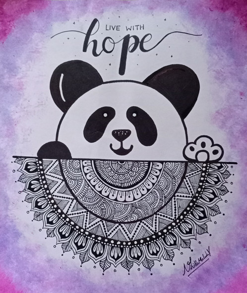 Cute panda mandala art work - with galaxy streaks (ART_7940_69612) - Handpainted Art Painting - 10in X 11in