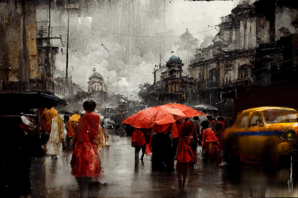 Kolkata rain in the city 2.0 (PRT_8658_69597) - Canvas Art Print - 36in X 24in
