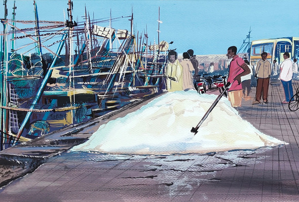 Vizag harbour (ART_329_69594) - Handpainted Art Painting - 15in X 9in