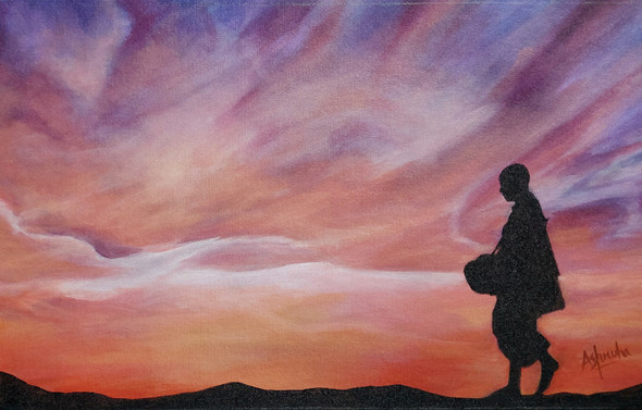 Beyond horizon..(A silhouette of a monk against sunset). (ART_8758_69698) - Handpainted Art Painting - 20in X 12in