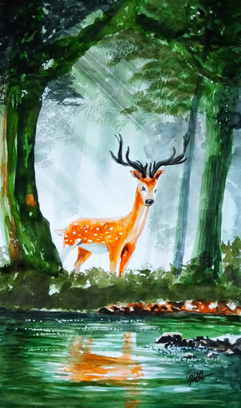 Handmade watercolor painting/ barasingha/ 16√ó23 inch (ART_8771_69902) - Handpainted Art Painting - 16in X 23in