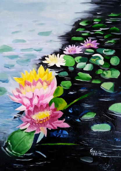 Handmade oil painting/ flower in water/ 11√ó8 inch (ART_8771_69890) - Handpainted Art Painting - 8in X 11in