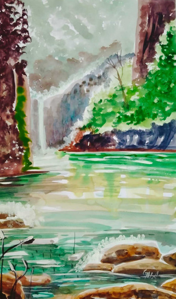 Hnadmade watercolor painting/ waterfall/ 16√ó23 inch (ART_8771_69888) - Handpainted Art Painting - 16in X 23in