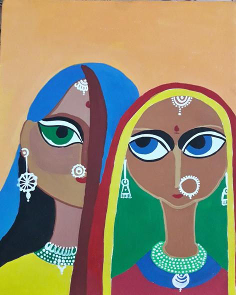 Rajasthan tribal art on canvas  (ART_8779_69815) - Handpainted Art Painting - 8in X 10in