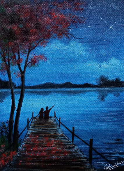 Beach night (ART_8693_69824) - Handpainted Art Painting - 5in X 7in