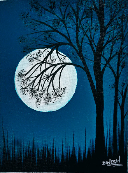 Full Moon night 01 (ART_8203_69998) - Handpainted Art Painting - 9in X 12in