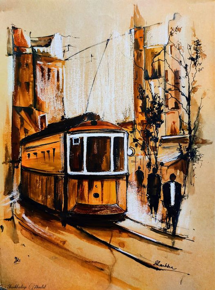 Tram series 1 (ART_6698_69956) - Handpainted Art Painting - 9in X 13in