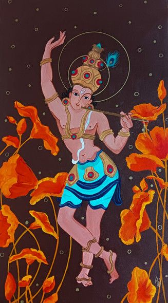 Lord Krishna (ART_1661_70156) - Handpainted Art Painting - 17in X 32in