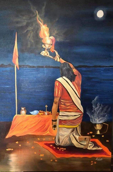 Ganga Aarti  (ART_8800_70073) - Handpainted Art Painting - 24in X 36in