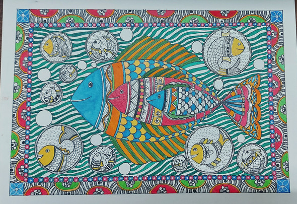 Three Fishes Madhubani Painting  (ART_8526_70053) - Handpainted Art Painting - 12in X 8in
