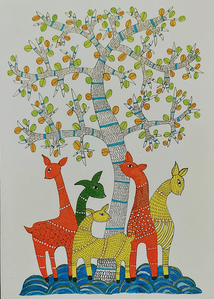 Gond  Tribal Painting (ART_8526_68777) - Handpainted Art Painting - 8in X 12in