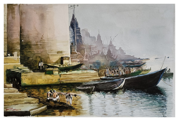 Varanasi  (ART_8116_70211) - Handpainted Art Painting - 12in X 18in