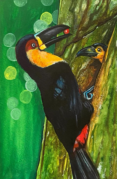 Little Toucan toddler- birds in watercolour (ART_7283_70422) - Handpainted Art Painting - 8in X 11in
