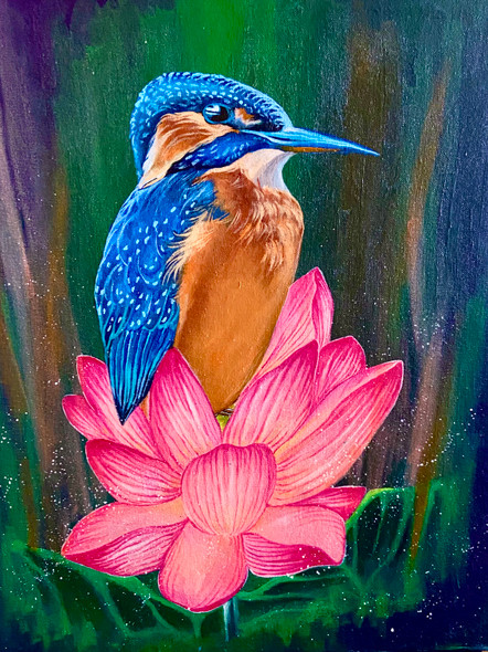 The King of the birds- kingfisher in acrylic (ART_7283_70343) - Handpainted Art Painting - 8in X 12in