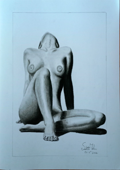 Stretch - Nude woman charcoal study  (ART_6071_70527) - Handpainted Art Painting - 12in X 16in