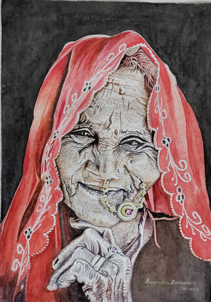 Wrinkled woman Rajasthani- 99 (ART_7573_70711) - Handpainted Art Painting - 16in X 23in