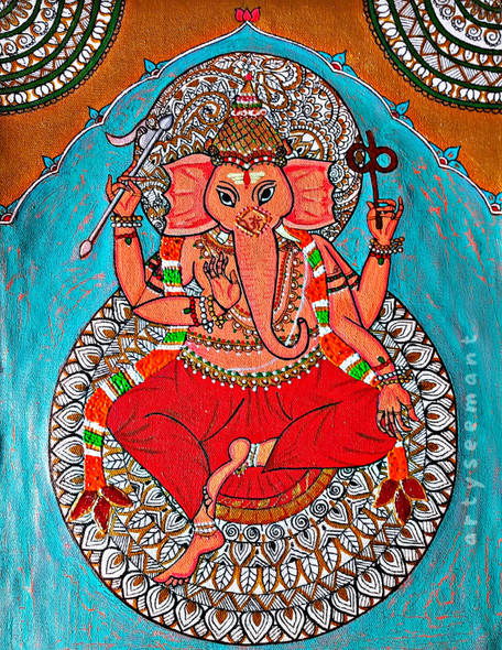 Ganesha - Three Art Forms Are Fused In One (ART_8835_70722) - Handpainted Art Painting - 12in X 16in