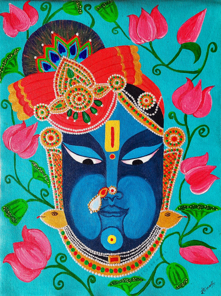 Srinathji Mukh - The Face Of Srinathji With Pichwai Background (ART_8835_70721) - Handpainted Art Painting - 12in X 16in