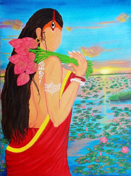 AMAAR DURGA - The Faceless Durga Within Us (ART_8835_70716) - Handpainted Art Painting - 18in X 24in