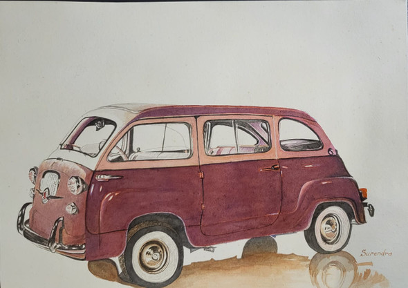 Vintage car - Brown. 95 (ART_7573_70699) - Handpainted Art Painting - 23in X 16in