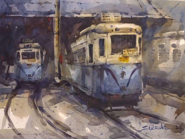 Kolkata Tram (ART_8170_70815) - Handpainted Art Painting - 28in X 21in