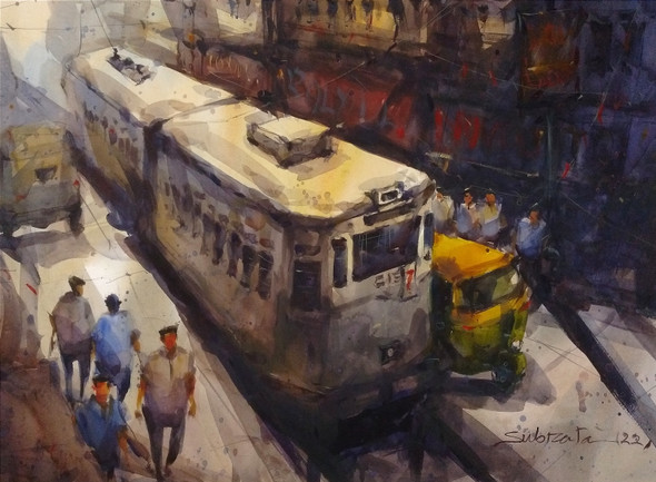 Kolkata Tram (ART_8170_70806) - Handpainted Art Painting - 29in X 21in
