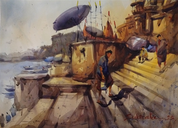 Benaras Ghat (ART_8170_70800) - Handpainted Art Painting - 29in X 21in