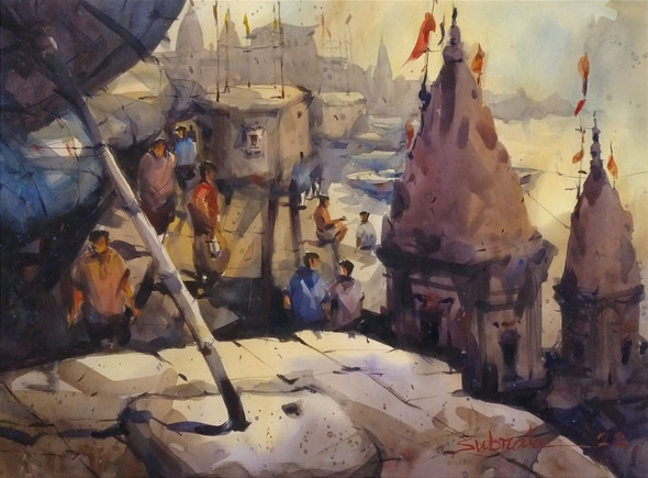Benaras Ghat (ART_8170_70799) - Handpainted Art Painting - 29in X 21in