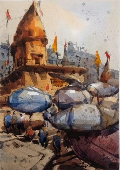 Benaras Ghat (ART_8170_70819) - Handpainted Art Painting - 8in X 11in